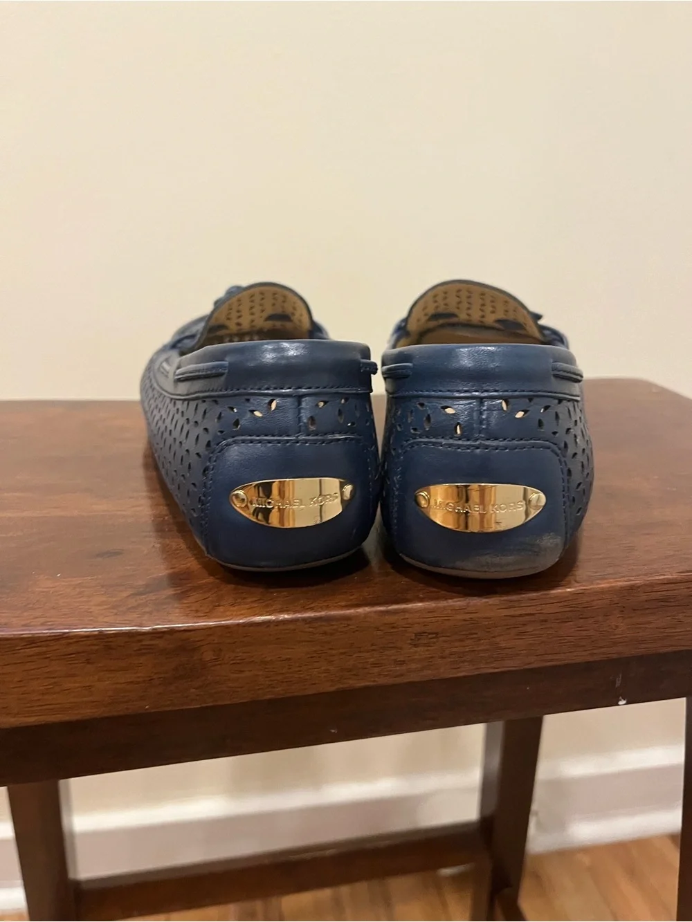 Michael Kors Navy Perforated Leather Loafers with Bow Accent